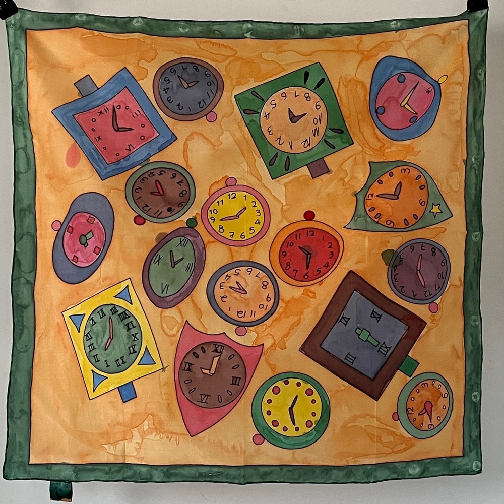 Vintage Artys Silk Scarf 22x22 Abstract Clocks Timepiece Art Print